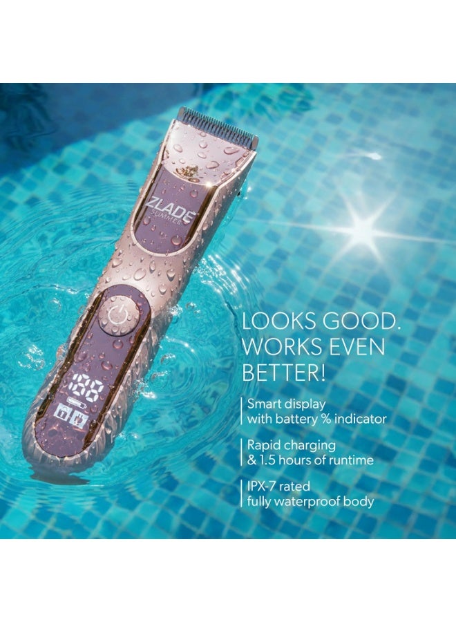 ZLADE مزيل الشعر النسائي Zlade Summer PRO المقاوم للماء IPX7 | للأجزاء الحساسة، الإبطين، الذراعين، الساقين والجسم | شفرات سيراميك ناعمة | بدون جروح أو قطع، بدون تهيج للبشرة | شحن سريع USB C، 90 دقيقة من التشغيل | مقاوم للماء تمامًا وصامت - Image 4